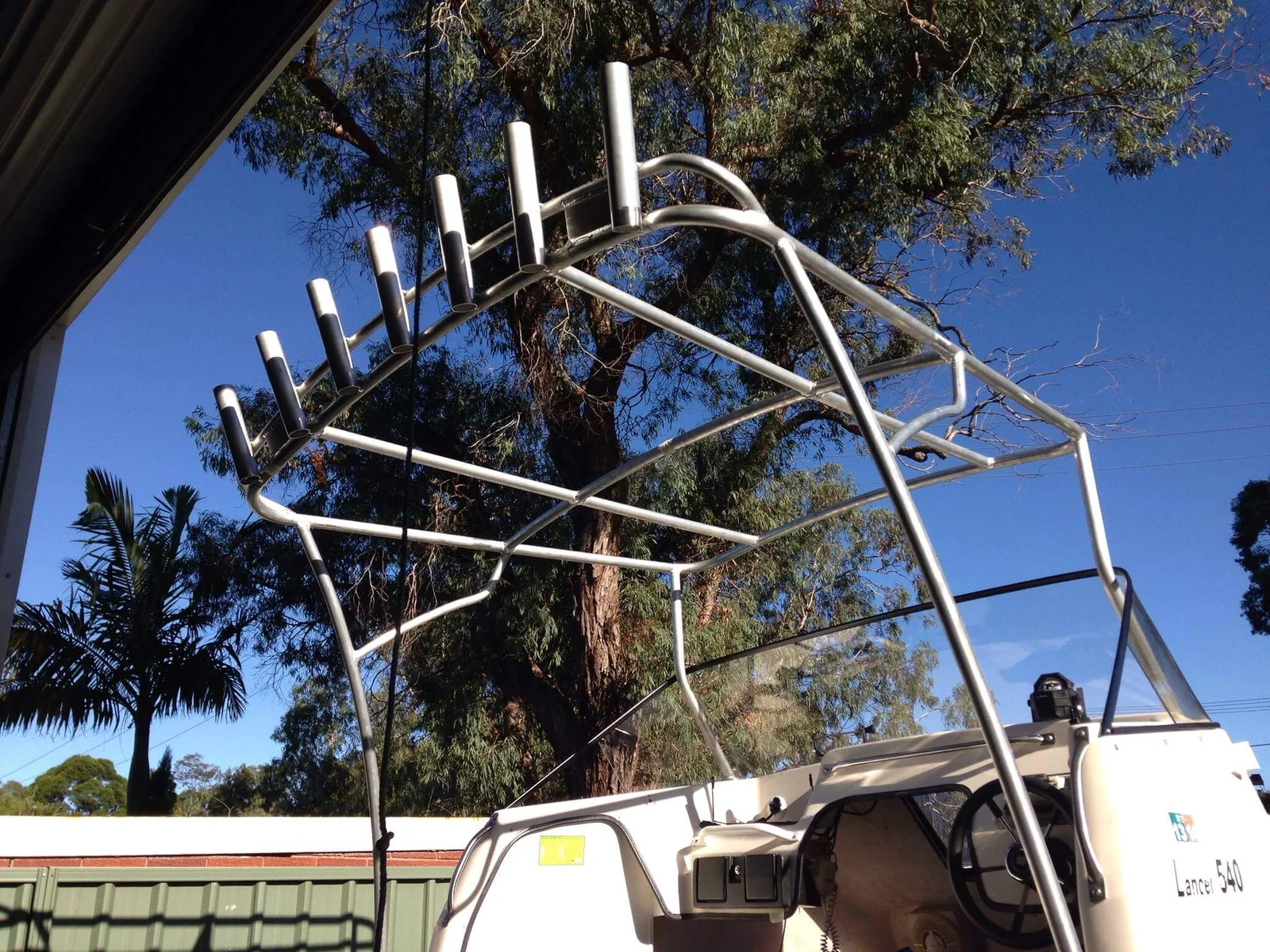 A fabricated rocket launcher rod holder frame fitted to a boat