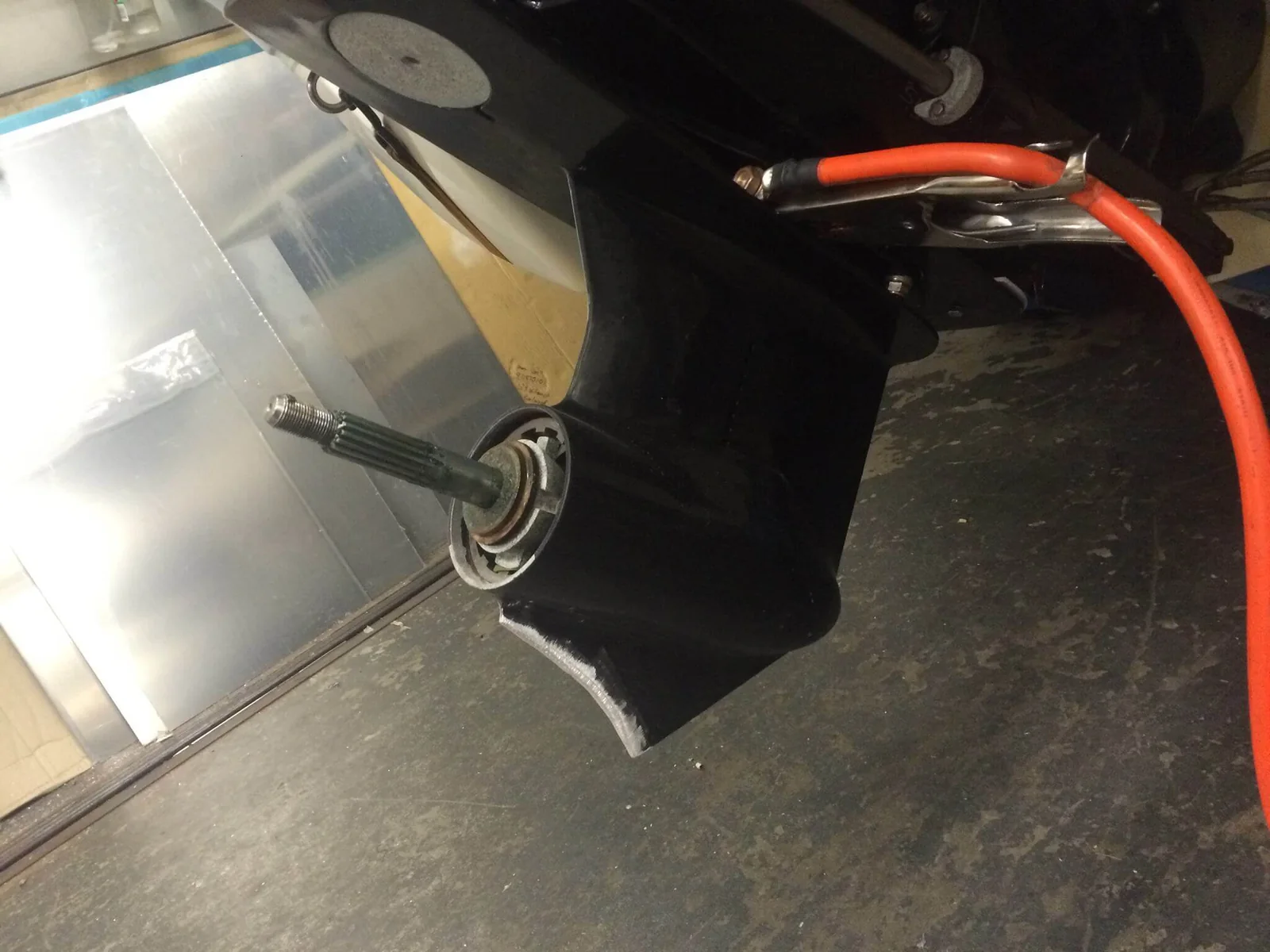 Transom and leg plate repair work in progress